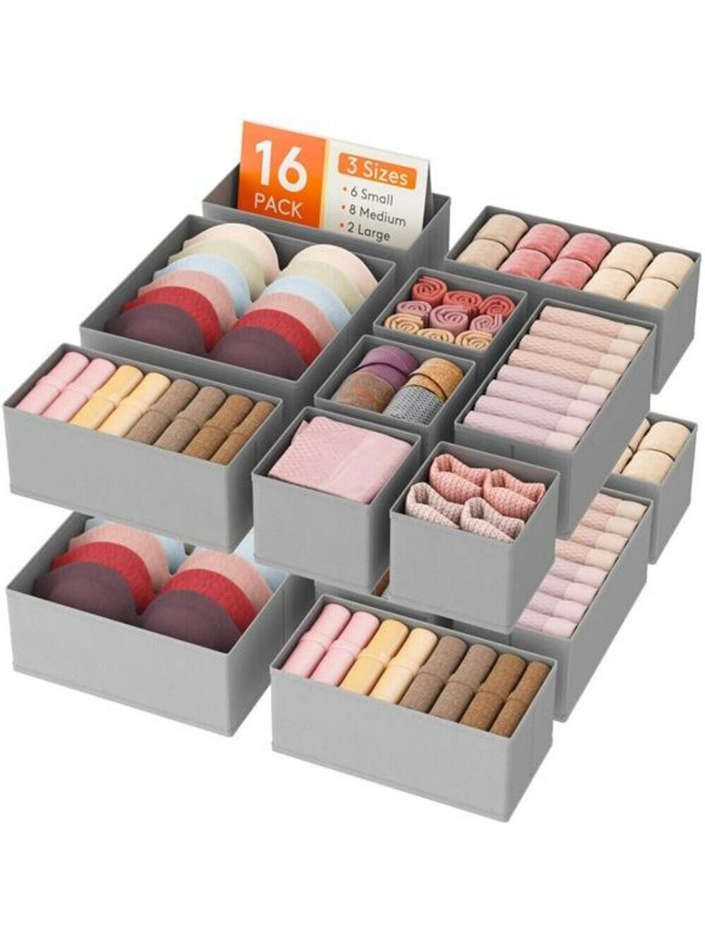 Set of 16 Closet Drawer Organizers Fabric Bins for Bras Socks Underwear